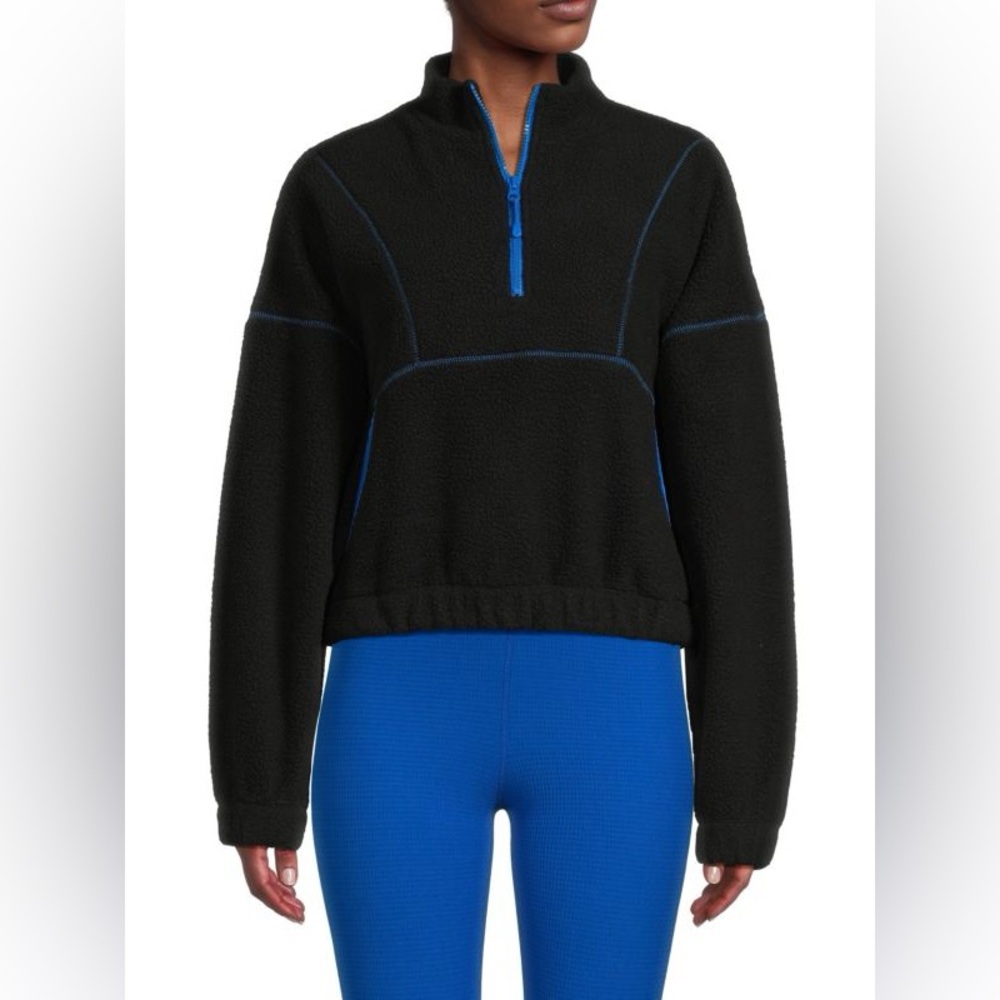 Year of Ours Stand Collar Faux Shearling Cropped Quarter Zip with Blue Details
